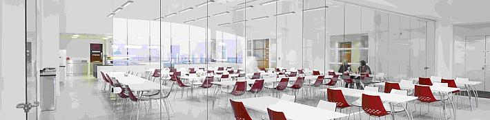 Full-height frameless interior glass doors partitioning a bright office meeting room